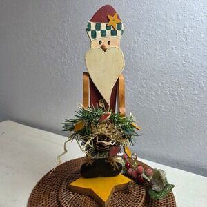 Rustic Wooden Santa Claus Figurine Christmas Tabletop Star Base Wreath Lights